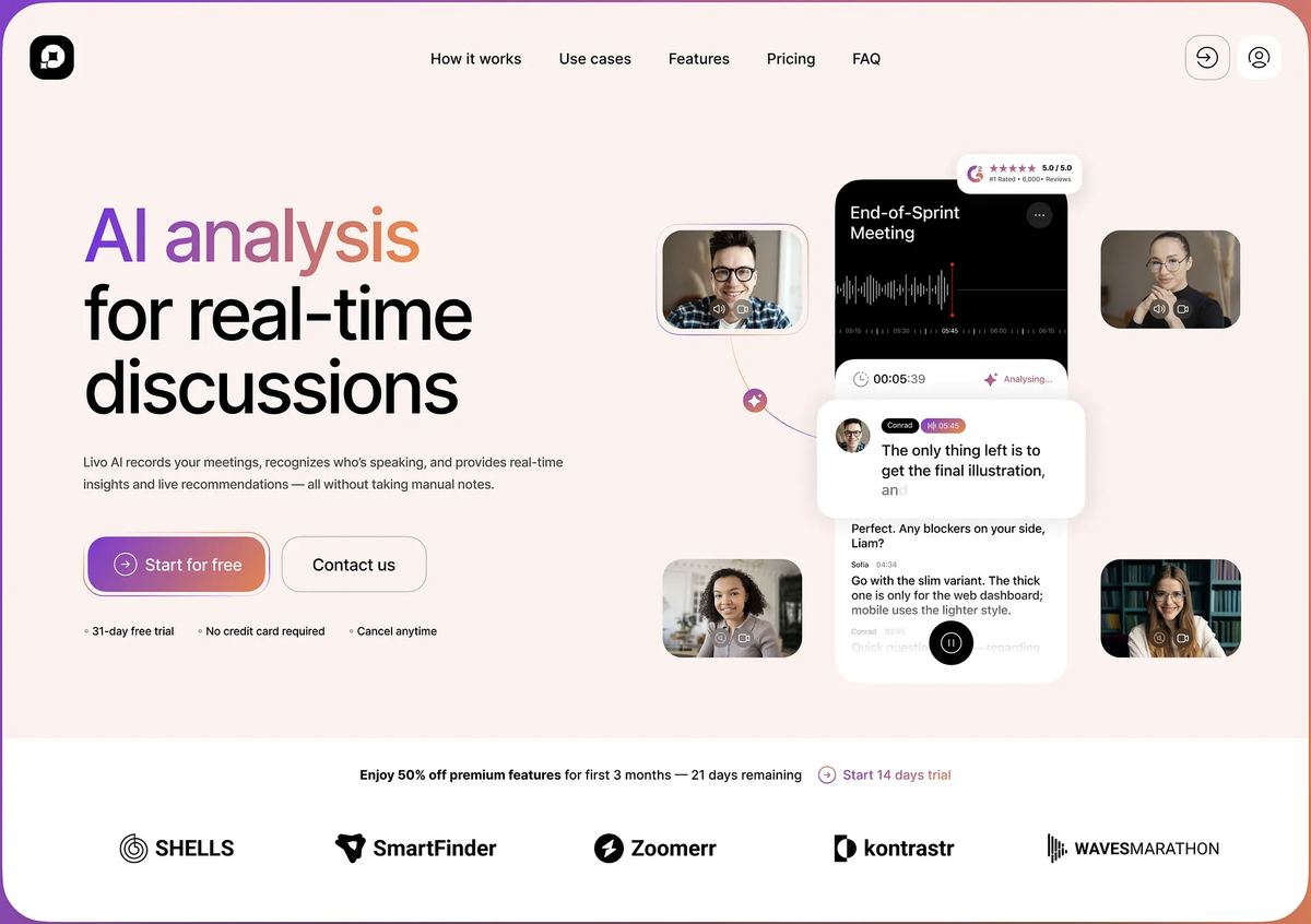 AI SaaS meeting assistant website with live analysis dashboard