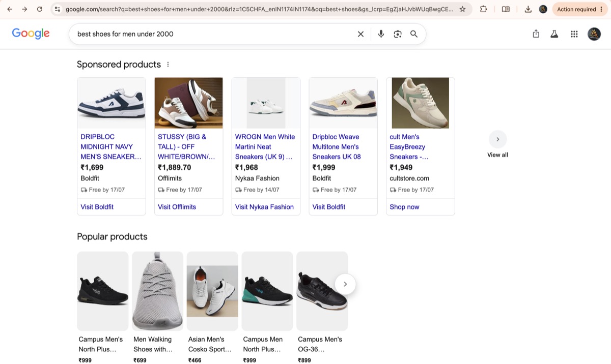 Google Shopping sponsored product ads appearing for a client's shoe store