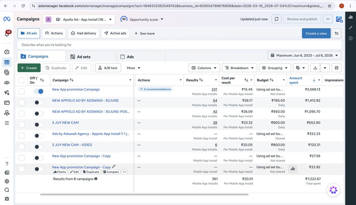 Meta Ads Manager showing App Install campaigns with 361 total installs