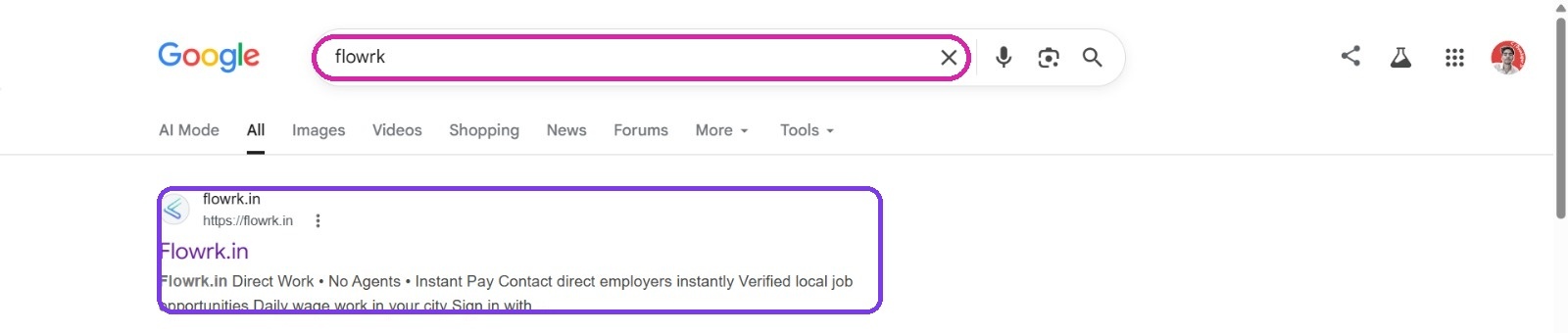 Google search for 'flowrk' ranking flowrk.in at position 1