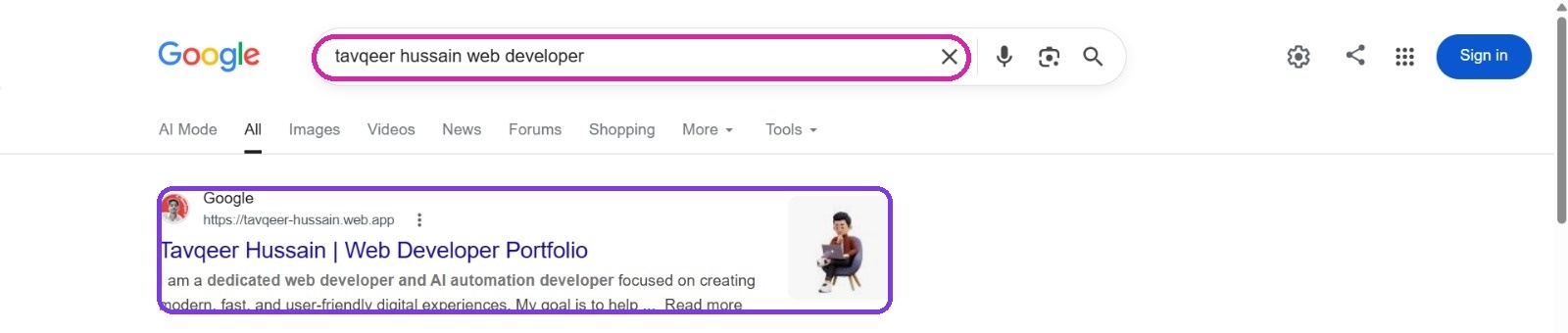 Google search for 'tavqeer hussain web developer' ranking the client's portfolio at position 1