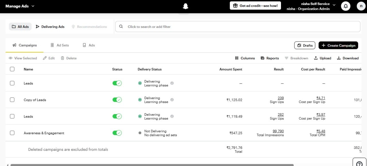 Snapchat Ads Manager campaign results showing leads and cost per sign up